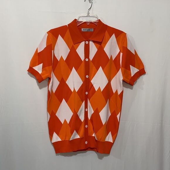 GRACE Karin button front knit shirt short sleeves orange/white argyle men small - Picture 8 of 8